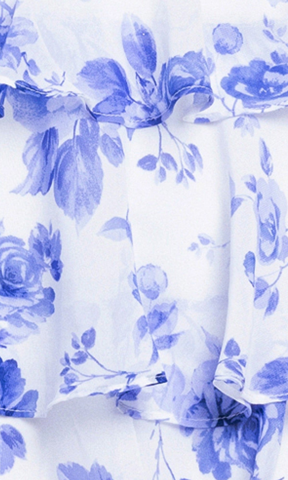 Close-up of the Ruffled Mini Hoco Dress: Blondie Nites 6386BN, featuring white fabric with blue floral print and layered ruffles—ideal for an affordable and stylish short floral homecoming dress.